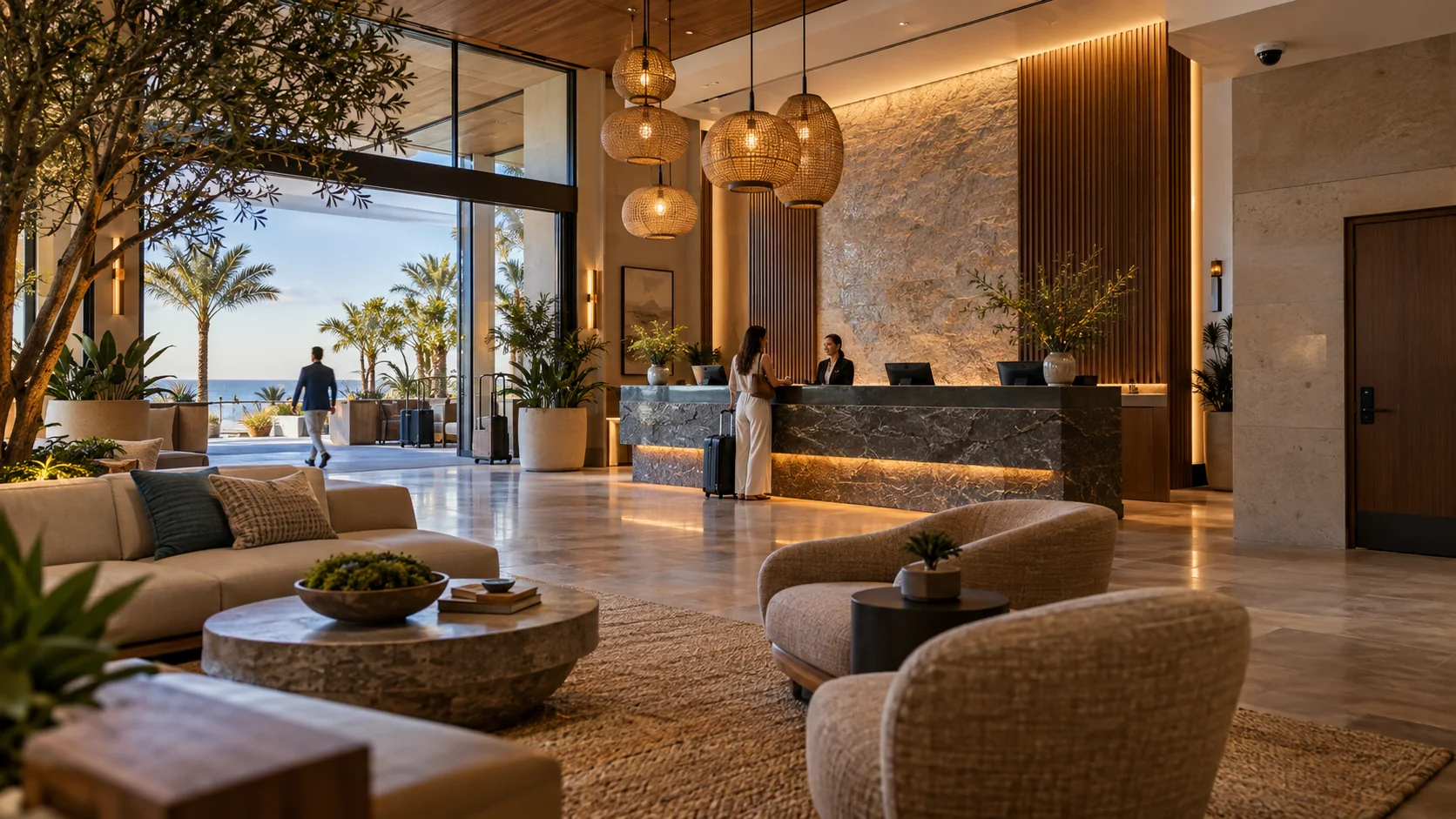 Contemporary hotel lobby with reception, guest circulation and integrated security